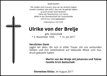 Traueranzeige von Ulrike von der Brelje von Waldeckische Landeszeitung