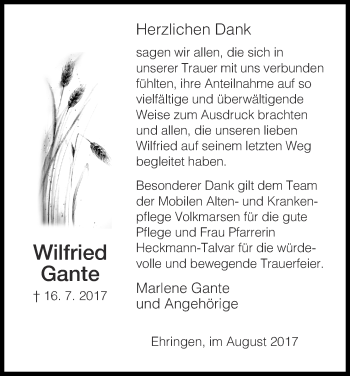 Traueranzeige von Wilfried Gante von Waldeckische Landeszeitung