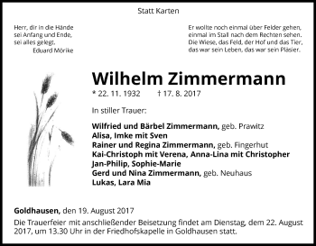 Traueranzeige von Wilhelm Zimmermann von Waldeckische Landeszeitung