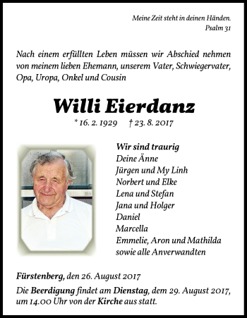 Traueranzeige von Willi Eierdanz von Waldeckische Landeszeitung