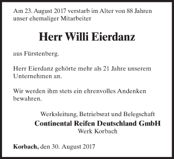 Traueranzeige von Willi Eierdanz von Waldeckische Landeszeitung