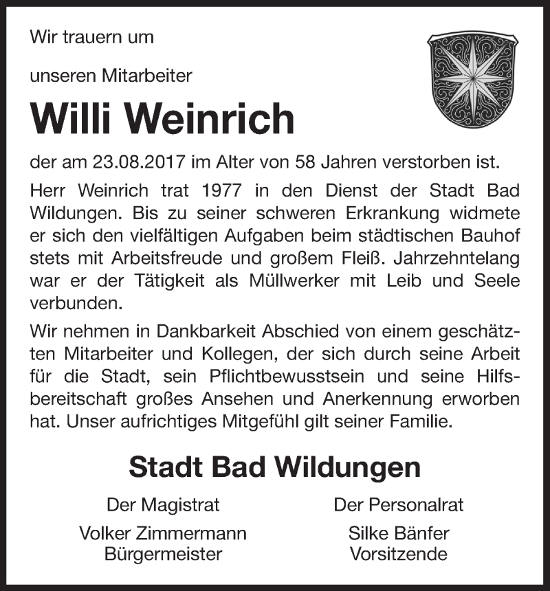  Traueranzeige für Willi Weinrich vom 26.08.2017 aus Waldeckische Landeszeitung