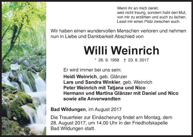  Traueranzeige für Willi Weinrich vom 25.08.2017 aus Waldeckische Landeszeitung