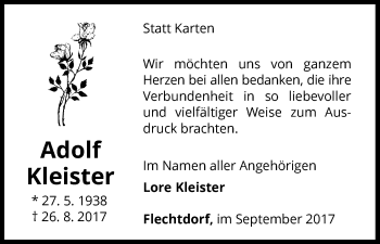 Traueranzeige von Adolf Kleister von Waldeckische Landeszeitung