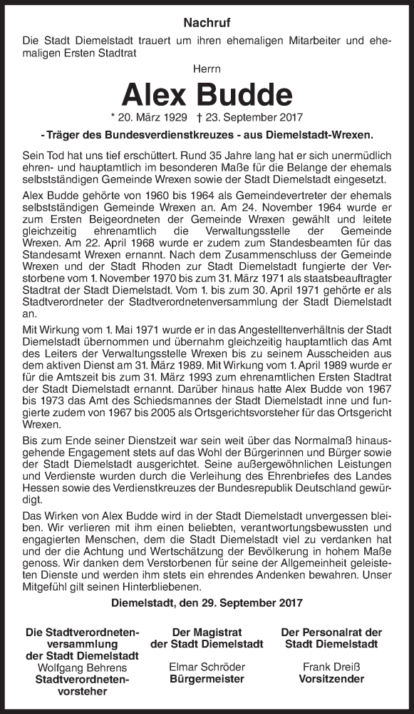  Traueranzeige für Alex Budde vom 29.09.2017 aus Waldeckische Landeszeitung