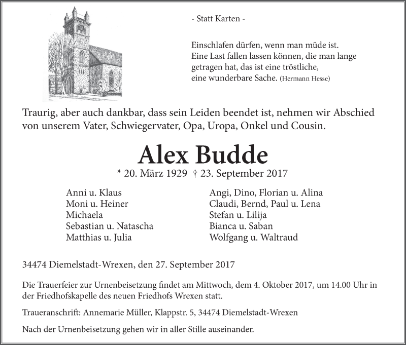  Traueranzeige für Alex Budde vom 27.09.2017 aus Waldeckische Landeszeitung