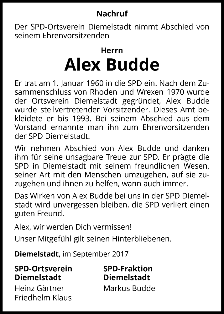  Traueranzeige für Alex Budde vom 29.09.2017 aus Waldeckische Landeszeitung