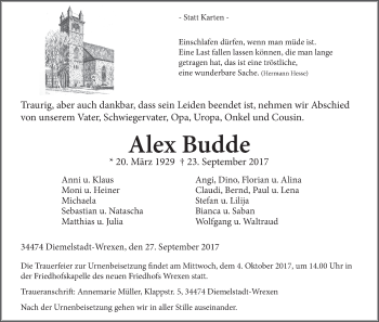 Traueranzeige von Alex Budde von Waldeckische Landeszeitung