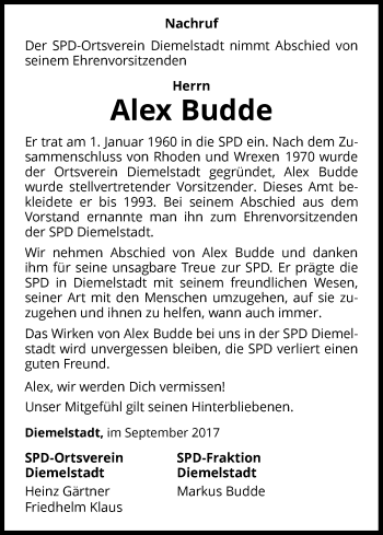 Traueranzeige von Alex Budde von Waldeckische Landeszeitung