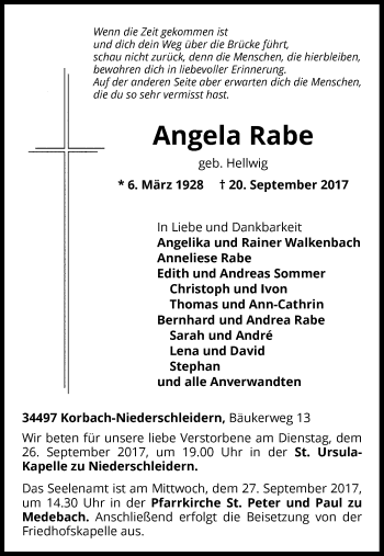 Traueranzeige von Angela Rabe von Waldeckische Landeszeitung