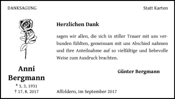 Traueranzeige von Anni Bergmann von Waldeckische Landeszeitung