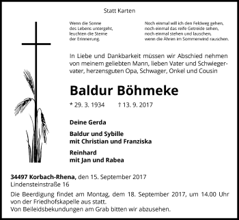 Traueranzeige von Baldur Böhmeke von Waldeckische Landeszeitung