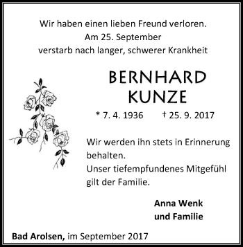 Traueranzeige von Bernhard Kunze von Waldeckische Landeszeitung