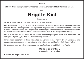 Traueranzeige von Brigitte Kiel von Waldeckische Landeszeitung