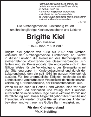 Traueranzeige von Brigitte Kiel von Waldeckische Landeszeitung