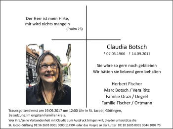 Traueranzeige von Claudia Botsch von Waldeckische Landeszeitung