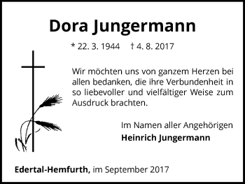 Traueranzeige von Dora Jungermann von Waldeckische Landeszeitung