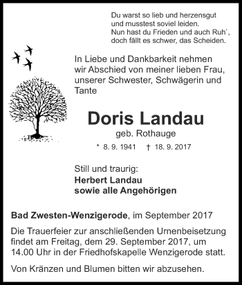 Traueranzeige von Doris Landau von Waldeckische Landeszeitung