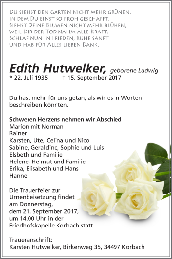 Traueranzeige von Edith Hutwelker von Waldeckische Landeszeitung