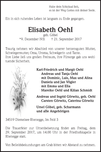 Traueranzeige von Elisabeth Oehl von Waldeckische Landeszeitung