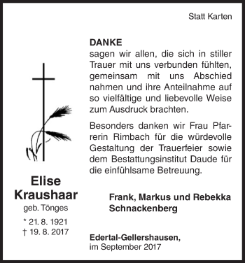 Traueranzeige von Elise Kraushaar von Waldeckische Landeszeitung