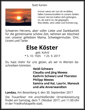 Traueranzeige von Else Köster von Waldeckische Landeszeitung