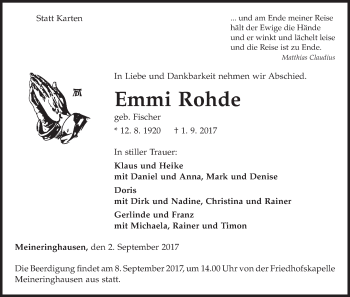 Traueranzeige von Emmi Rohde von Waldeckische Landeszeitung