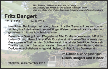 Traueranzeige von Fritz Bangert von Waldeckische Landeszeitung