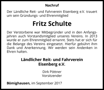 Traueranzeige von Fritz Schulte von Waldeckische Landeszeitung