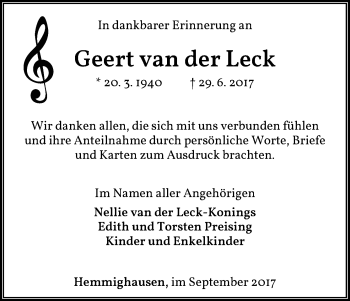 Traueranzeige von Geert van der Leck von Waldeckische Landeszeitung