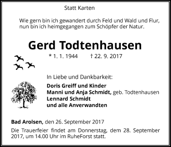 Traueranzeige von Gerd Todtenhausen von Waldeckische Landeszeitung