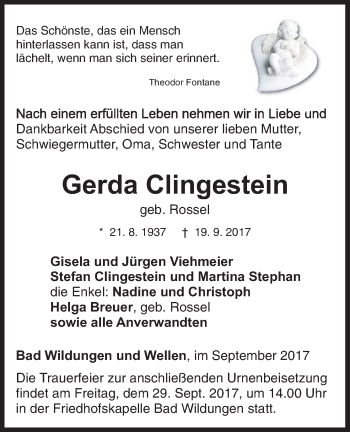 Traueranzeige von Gerda Clingestein von Waldeckische Landeszeitung
