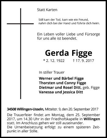 Traueranzeige von Gerda Figge von Waldeckische Landeszeitung