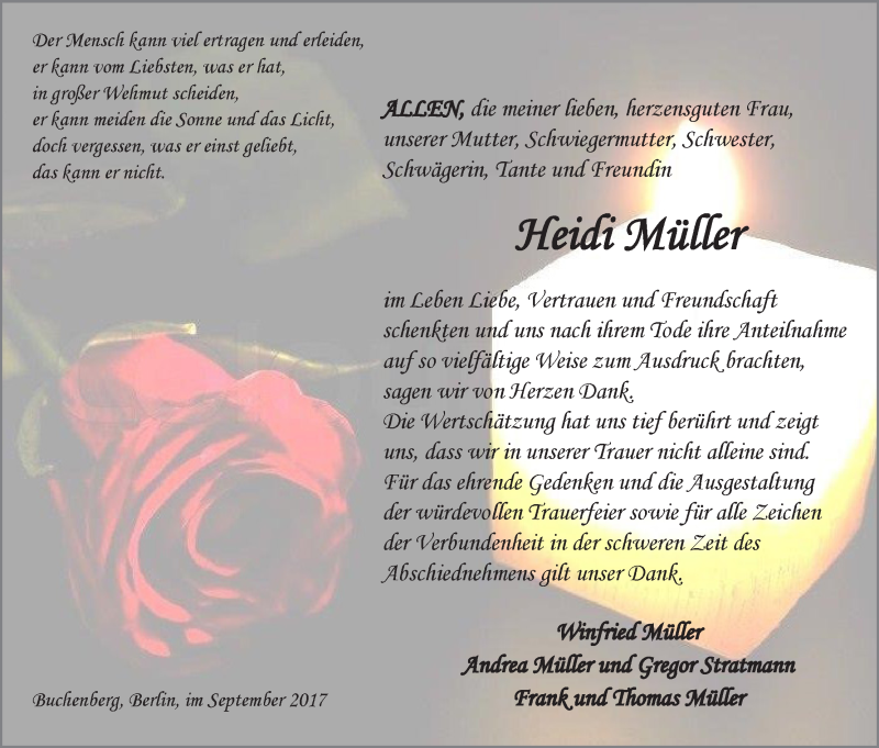  Traueranzeige für Heidi Müller vom 16.09.2017 aus Waldeckische Landeszeitung