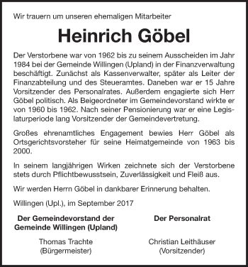 Traueranzeige von Heinrich Göbel von Waldeckische Landeszeitung