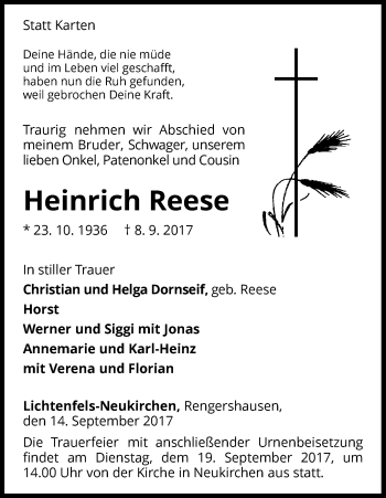 Traueranzeige von Heinrich Reese von Waldeckische Landeszeitung