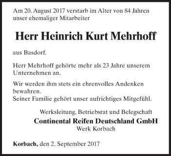 Traueranzeige von Heinrich Kurt Mehrhoff von Waldeckische Landeszeitung