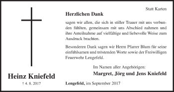 Traueranzeige von Heinz Kniefeld von Waldeckische Landeszeitung