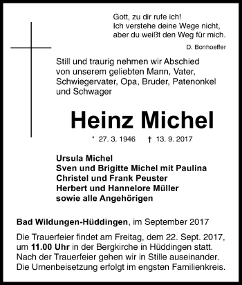 Traueranzeige von Heinz Michel von Waldeckische Landeszeitung
