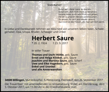 Traueranzeige von Herbert Saure von Waldeckische Landeszeitung