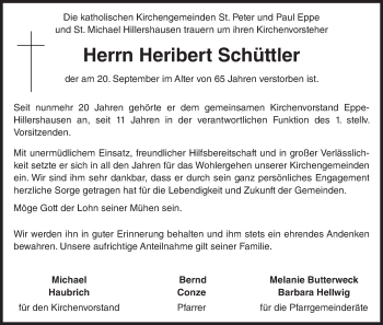 Traueranzeige von Heribert Schüttler von Waldeckische Landeszeitung