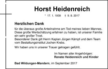 Traueranzeige von Horst Heidenreich von Waldeckische Landeszeitung