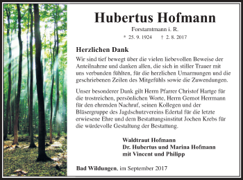 Traueranzeige von Hubertus Hofmann von Waldeckische Landeszeitung