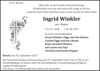 Traueranzeige von Ingrid Winkler von Waldeckische Landeszeitung