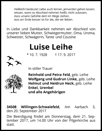 Traueranzeige von Luise Leihe von Waldeckische Landeszeitung