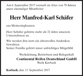 Traueranzeige von Manfred-Karl Schäfer von Waldeckische Landeszeitung