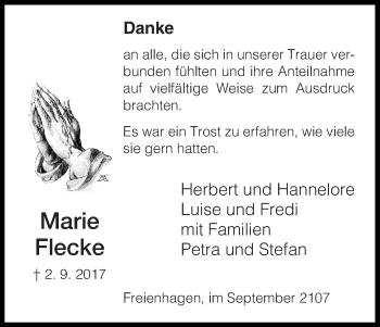 Traueranzeige von Marie Flecke von Waldeckische Landeszeitung