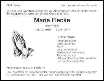 Traueranzeige von Marie Flecke von Waldeckische Landeszeitung