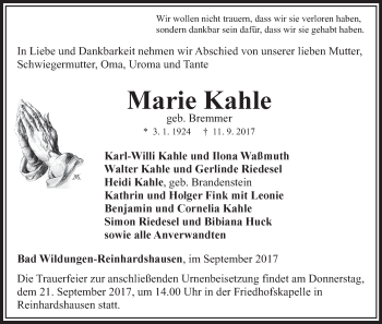 Traueranzeige von Marie Kahle von Waldeckische Landeszeitung