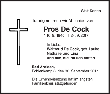 Traueranzeige von Pros De Cock von Waldeckische Landeszeitung